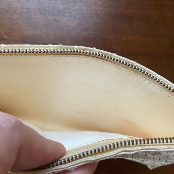 Vintage Richere Ivory Satin Beaded Clutch – Net Overlay, Beaded Zipper Pull